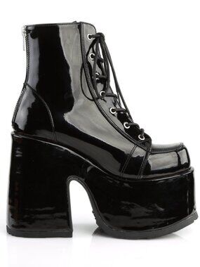 5" Chunky Heel Platform Black Pat Ankle Boot with Metal Back Zip Closure
